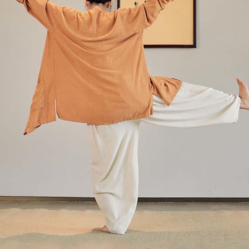 Buddha Stones Plain Long Sleeve Coat Jacket Top Pantaloni a gamba larga Zen Tai Chi Yoga Meditazione Abbigliamento - Image 33