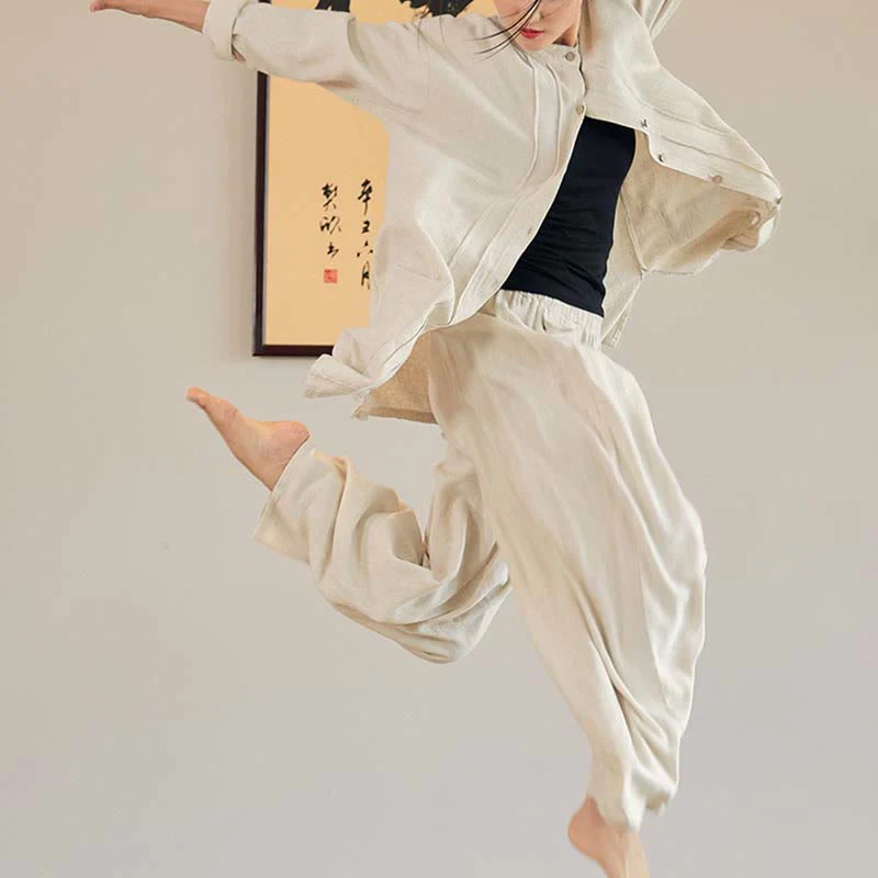 Buddha Stones Plain Long Sleeve Coat Jacket Top Pantaloni a gamba larga Zen Tai Chi Yoga Meditazione Abbigliamento - Image 5