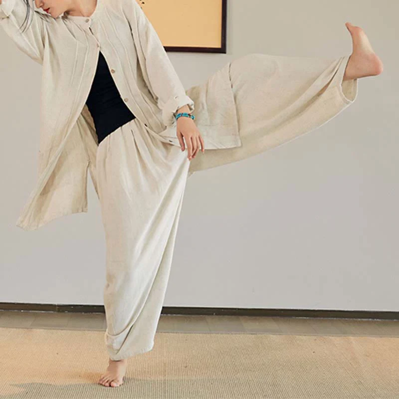 Buddha Stones Plain Long Sleeve Coat Jacket Top Pantaloni a gamba larga Zen Tai Chi Yoga Meditazione Abbigliamento - Image 6