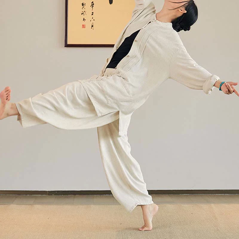 Buddha Stones Plain Long Sleeve Coat Jacket Top Pantaloni a gamba larga Zen Tai Chi Yoga Meditazione Abbigliamento - Image 7