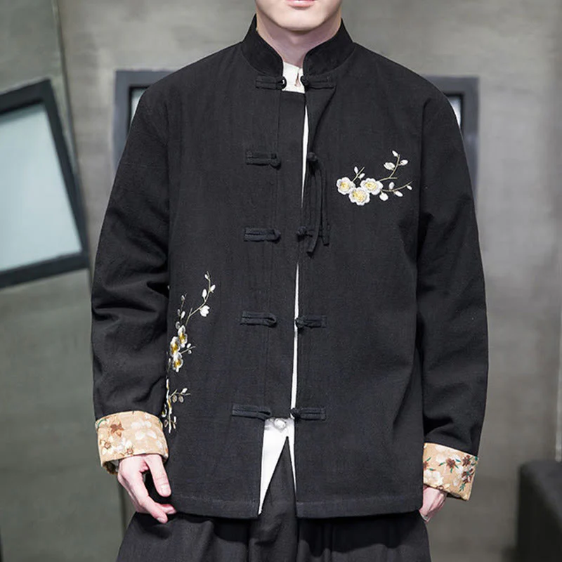 Buddha Stones Plum Blossom Ricamo Polsino Fiore Design Rana-bottoni Tang Suit Cotone Lino Giacca Camicia Uomo - Image 2