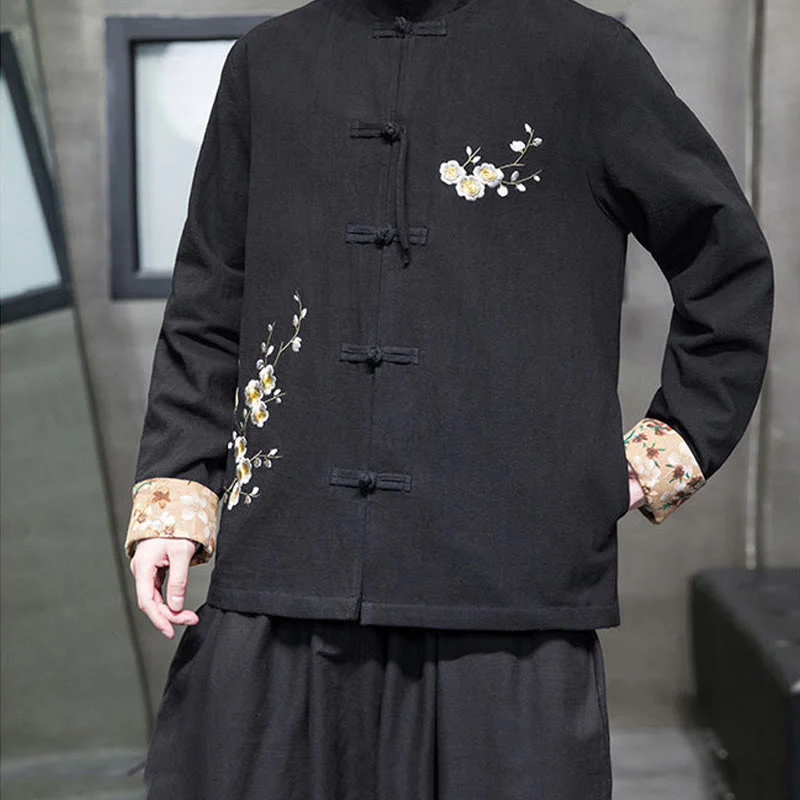 Buddha Stones Plum Blossom Ricamo Polsino Fiore Design Rana-bottoni Tang Suit Cotone Lino Giacca Camicia Uomo - Image 3
