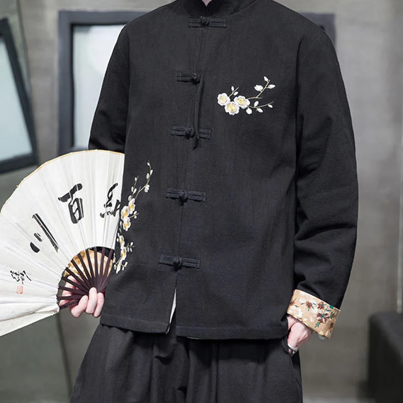 Buddha Stones Plum Blossom Ricamo Polsino Fiore Design Rana-bottoni Tang Suit Cotone Lino Giacca Camicia Uomo - Image 4