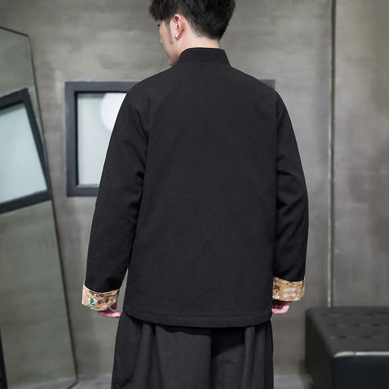 Buddha Stones Plum Blossom Ricamo Polsino Fiore Design Rana-bottoni Tang Suit Cotone Lino Giacca Camicia Uomo - Image 5