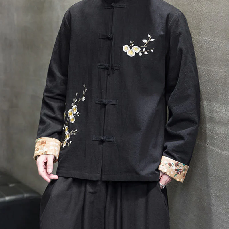 Buddha Stones Plum Blossom Ricamo Polsino Fiore Design Rana-bottoni Tang Suit Cotone Lino Giacca Camicia Uomo - Image 7