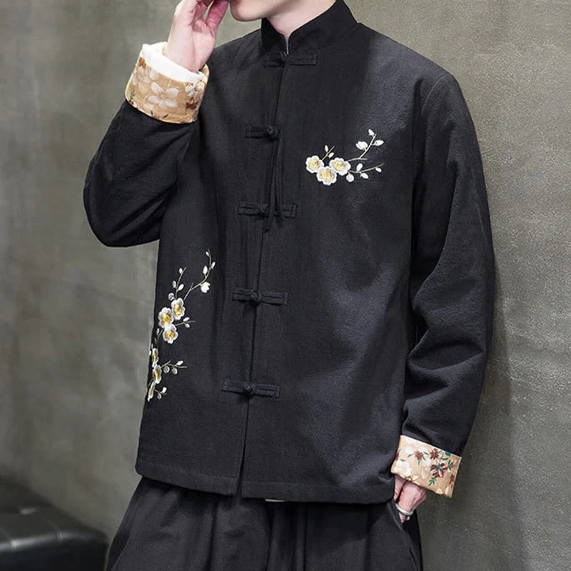 Buddha Stones Plum Blossom Ricamo Polsino Fiore Design Rana-bottoni Tang Suit Cotone Lino Giacca Camicia Uomo - Image 9
