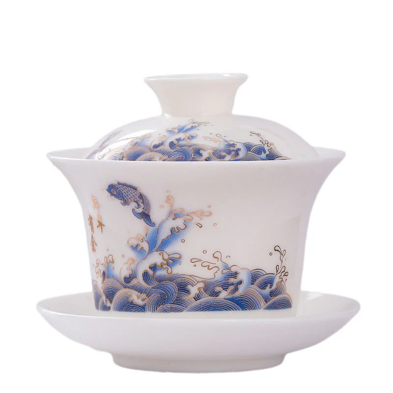 Buddha Stones porcellana bianca paesaggio di montagna campagna ceramica gaiwan tazza da tè kung fu tazza da tè e piattino con coperchio - Image 12