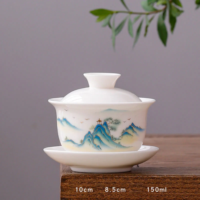 Buddha Stones porcellana bianca paesaggio di montagna campagna ceramica gaiwan tazza da tè kung fu tazza da tè e piattino con coperchio - Image 15