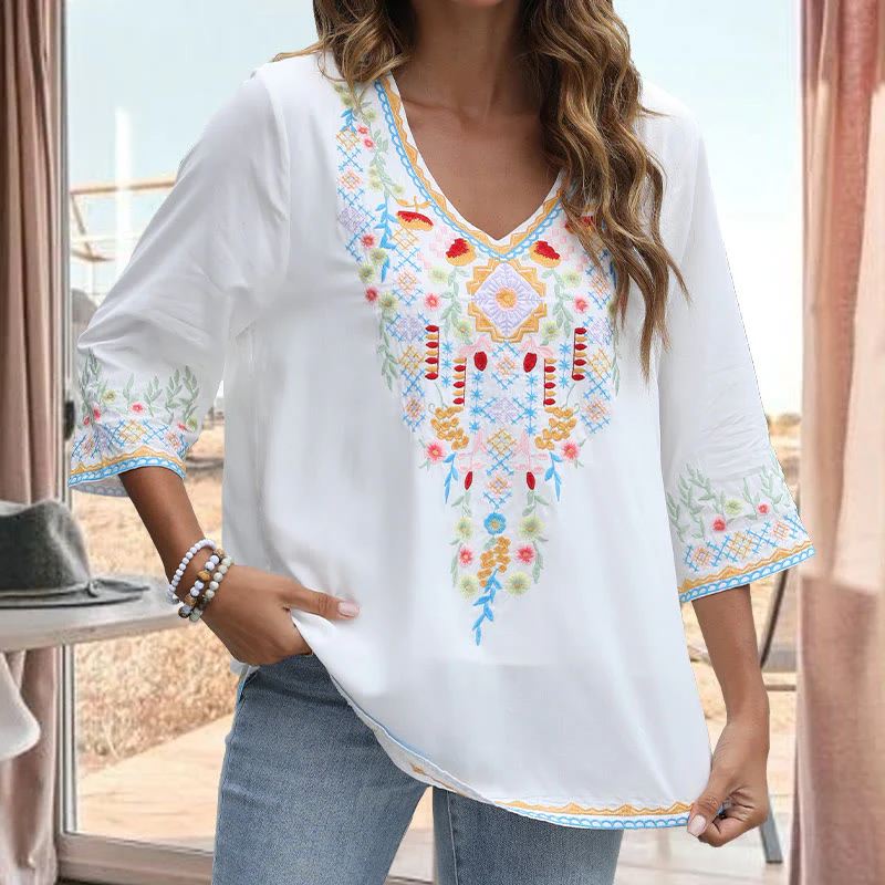 Buddha Stones Primavera Quotidiano Ricamo Fiore Modello Manica Lunga Scollo a V Cotone T-Shirt Donna - Image 10
