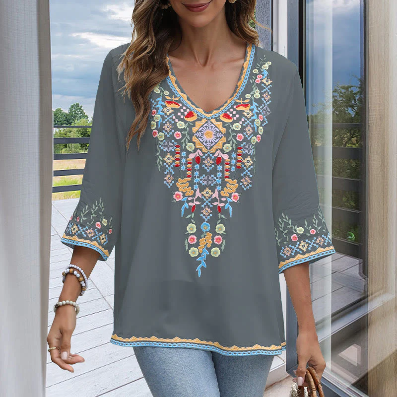 Buddha Stones Primavera Quotidiano Ricamo Fiore Modello Manica Lunga Scollo a V Cotone T-Shirt Donna - Image 11