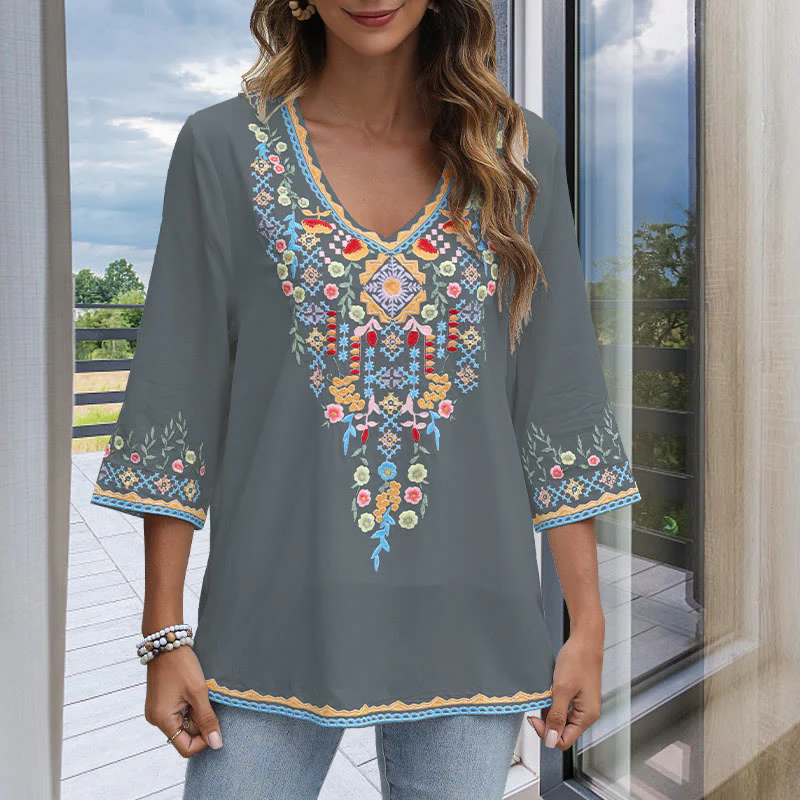 Buddha Stones Primavera Quotidiano Ricamo Fiore Modello Manica Lunga Scollo a V Cotone T-Shirt Donna - Image 12