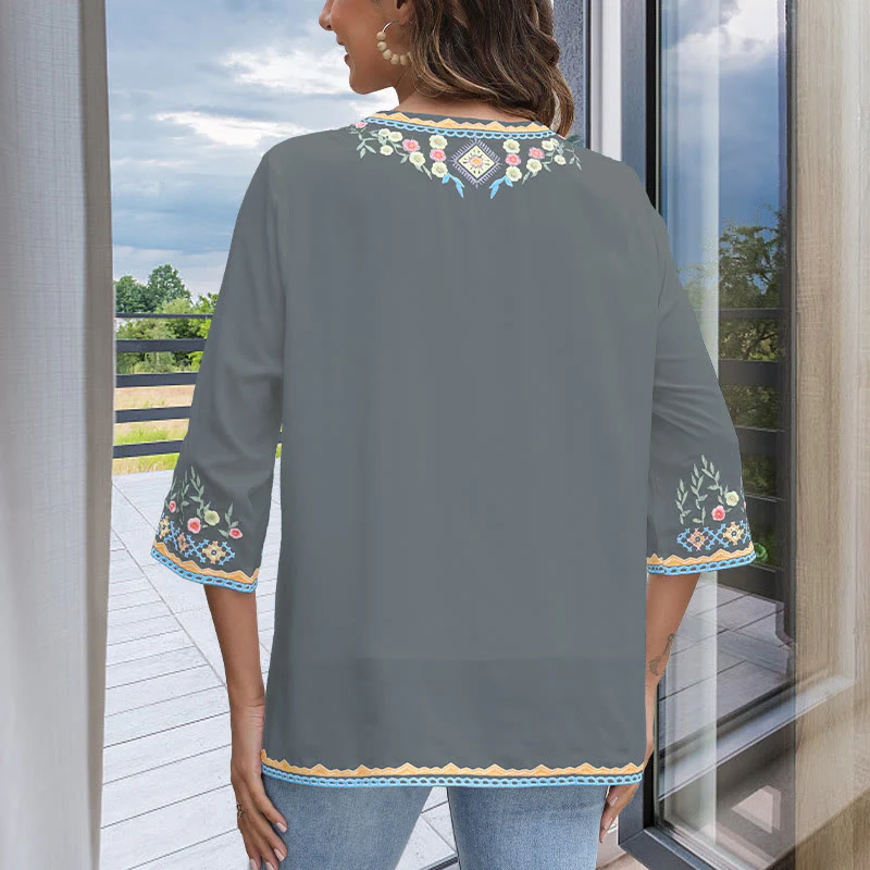 Buddha Stones Primavera Quotidiano Ricamo Fiore Modello Manica Lunga Scollo a V Cotone T-Shirt Donna - Image 13
