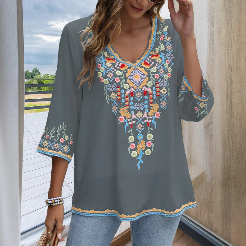 Buddha Stones Primavera Quotidiano Ricamo Fiore Modello Manica Lunga Scollo a V Cotone T-Shirt Donna - Image 14