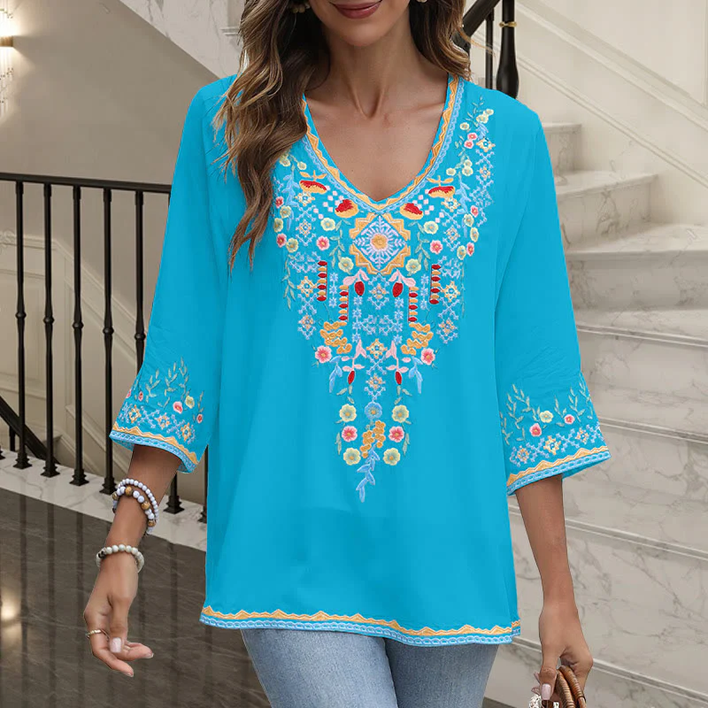 Buddha Stones Primavera Quotidiano Ricamo Fiore Modello Manica Lunga Scollo a V Cotone T-Shirt Donna - Image 16
