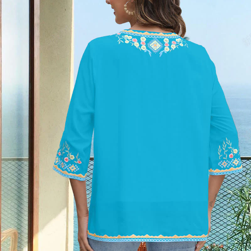 Buddha Stones Primavera Quotidiano Ricamo Fiore Modello Manica Lunga Scollo a V Cotone T-Shirt Donna - Image 18