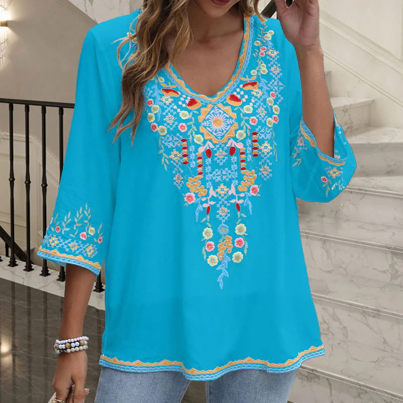 Buddha Stones Primavera Quotidiano Ricamo Fiore Modello Manica Lunga Scollo a V Cotone T-Shirt Donna - Image 19
