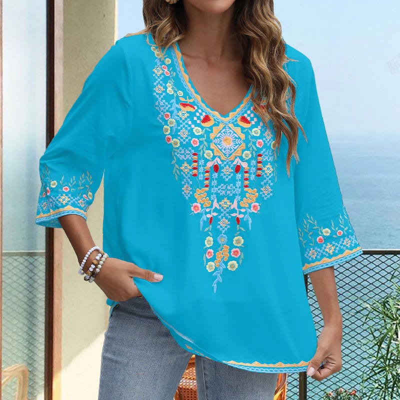 Buddha Stones Primavera Quotidiano Ricamo Fiore Modello Manica Lunga Scollo a V Cotone T-Shirt Donna - Image 20