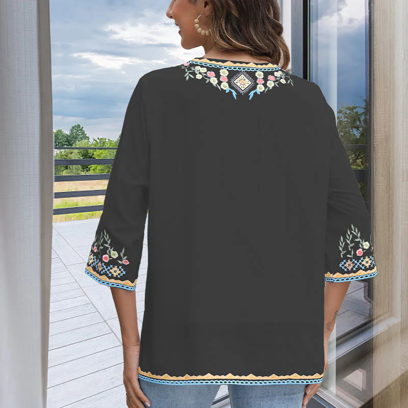Buddha Stones Primavera Quotidiano Ricamo Fiore Modello Manica Lunga Scollo a V Cotone T-Shirt Donna - Image 3