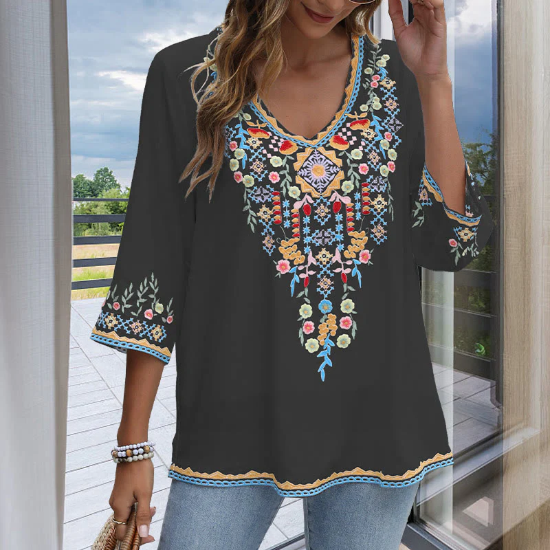 Buddha Stones Primavera Quotidiano Ricamo Fiore Modello Manica Lunga Scollo a V Cotone T-Shirt Donna - Image 4