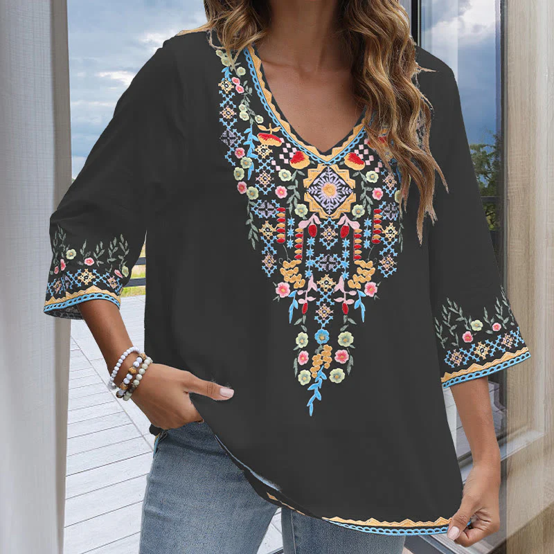 Buddha Stones Primavera Quotidiano Ricamo Fiore Modello Manica Lunga Scollo a V Cotone T-Shirt Donna - Image 5