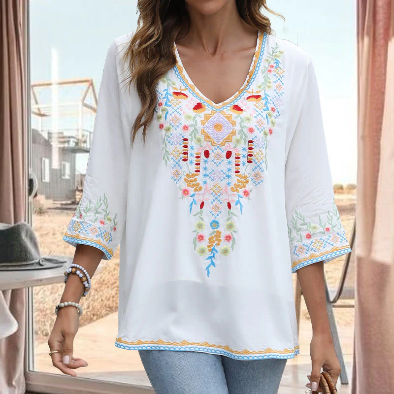 Buddha Stones Primavera Quotidiano Ricamo Fiore Modello Manica Lunga Scollo a V Cotone T-Shirt Donna - Image 6