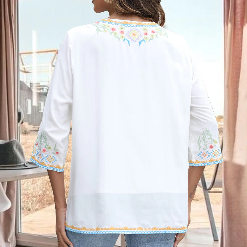 Buddha Stones Primavera Quotidiano Ricamo Fiore Modello Manica Lunga Scollo a V Cotone T-Shirt Donna - Image 8