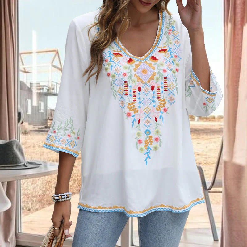 Buddha Stones Primavera Quotidiano Ricamo Fiore Modello Manica Lunga Scollo a V Cotone T-Shirt Donna - Image 9