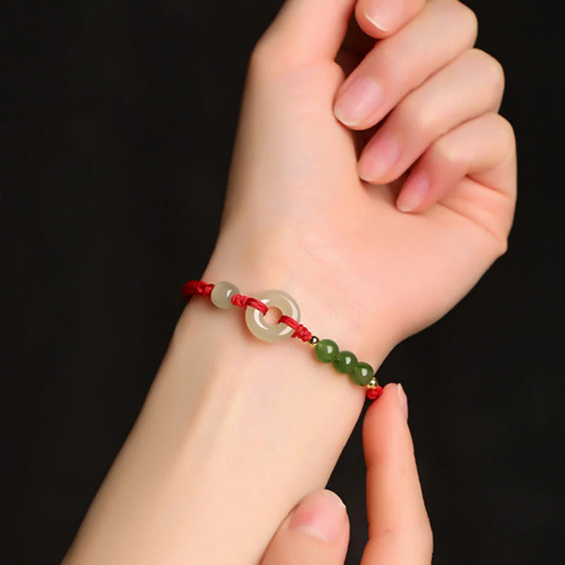 Buddha Stones Pulsera de protección de la suerte con hilo rojo y hebilla de paz de jade hetiano natural - Image 3