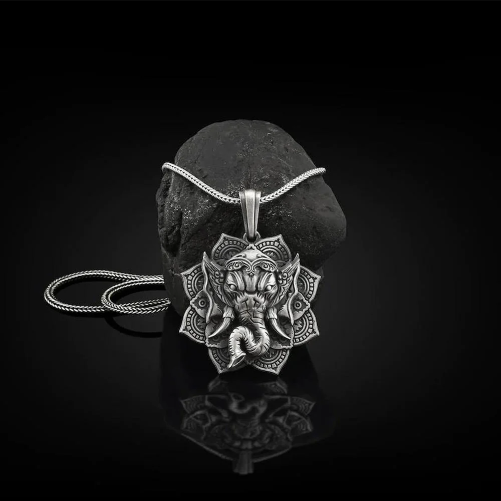 Buddha Stones Pure Tin Ganesh Ganpati Elefante Protezione Amuleto Collana Pendente