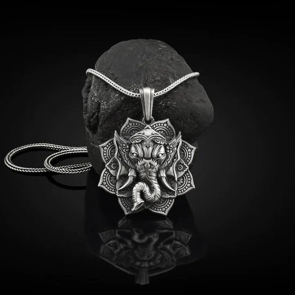 Buddha Stones Pure Tin Ganesh Ganpati Elefante Protezione Amuleto Collana Pendente - Image 2