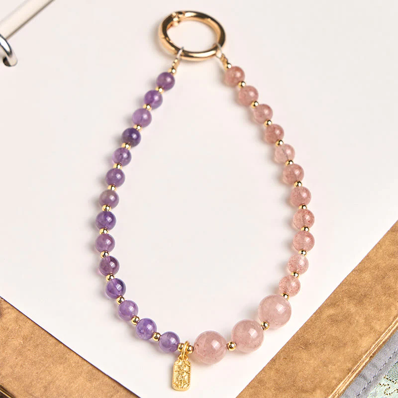 Buddha Stones, quarzo fragola, ametista, felicità, guarigione, portachiavi, decorazione da appendere al telefono