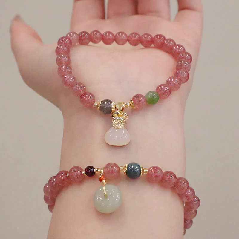 Buddha Stones, quarzo fragola naturale, giada, fibbia della pace, portamonete, braccialetto curativo - Image 5