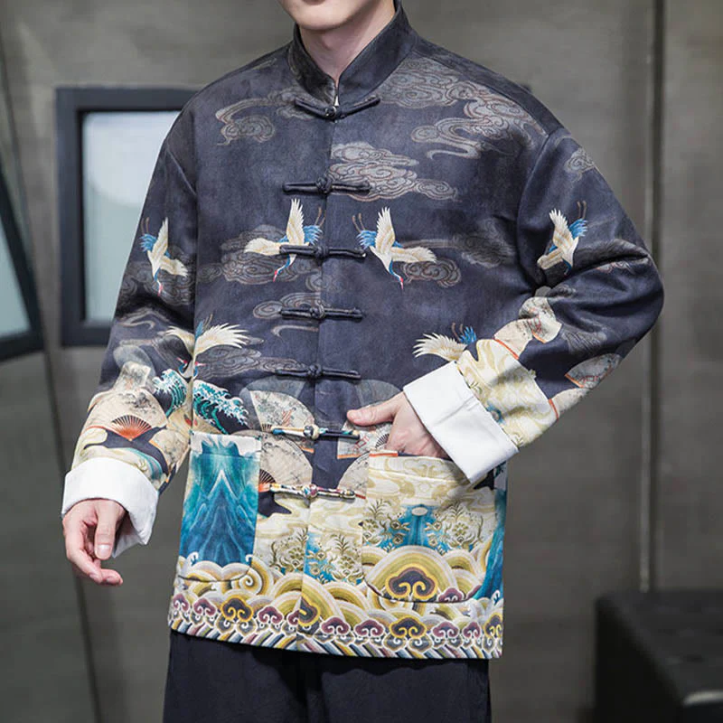 Buddha Stones Rana-Bottone Cinese Tang Suit Gru Personaggio Camicia Lunga Cotone Scamosciato Uomo Giacca Abbigliamento - Image 13