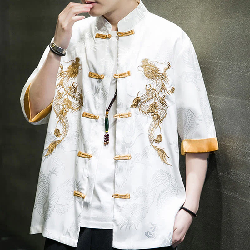 Buddha Stones Rana-Bottone Drago Cinese Ricamo Mezza Manica Camicia Lino Abbigliamento Uomo - Image 16
