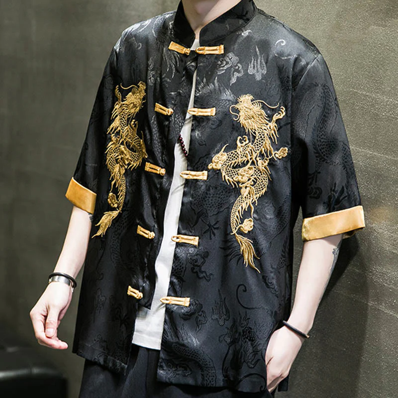 Buddha Stones Rana-Bottone Drago Cinese Ricamo Mezza Manica Camicia Lino Abbigliamento Uomo - Image 4