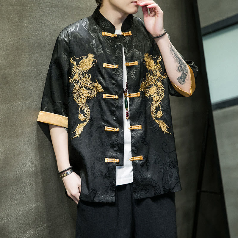 Buddha Stones Rana-Bottone Drago Cinese Ricamo Mezza Manica Camicia Lino Abbigliamento Uomo - Image 5