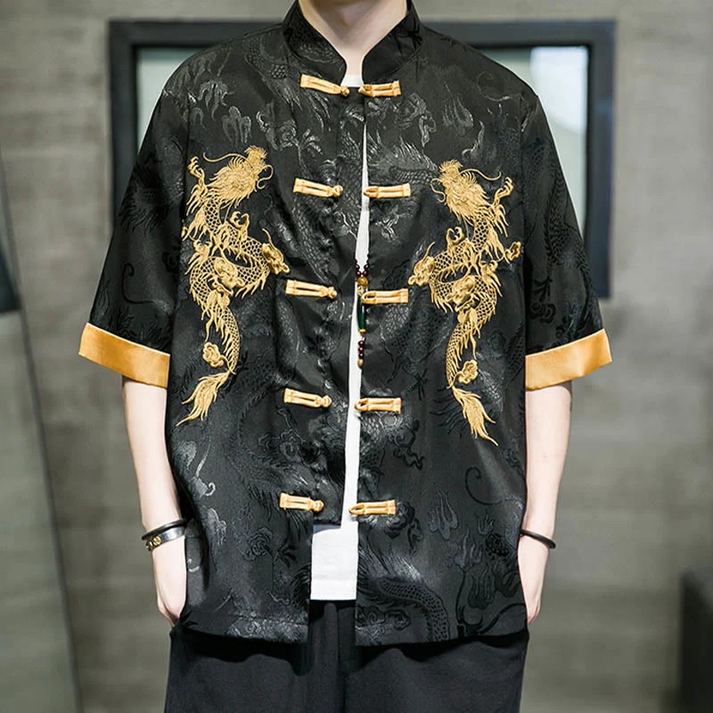 Buddha Stones Rana-Bottone Drago Cinese Ricamo Mezza Manica Camicia Lino Abbigliamento Uomo - Image 6