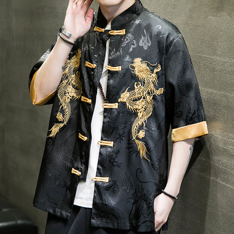 Buddha Stones Rana-Bottone Drago Cinese Ricamo Mezza Manica Camicia Lino Abbigliamento Uomo - Image 8