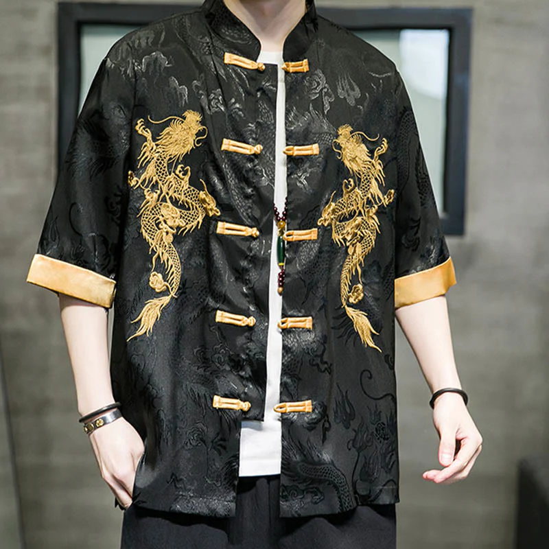 Buddha Stones Rana-Bottone Drago Cinese Ricamo Mezza Manica Camicia Lino Abbigliamento Uomo - Image 9