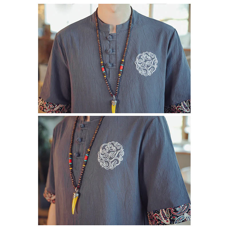 Buddha Stones Rana-Bottone Drago Ricamo Cinese Tang Suit Camicia Manica Corta Lino Abbigliamento Uomo - Image 10