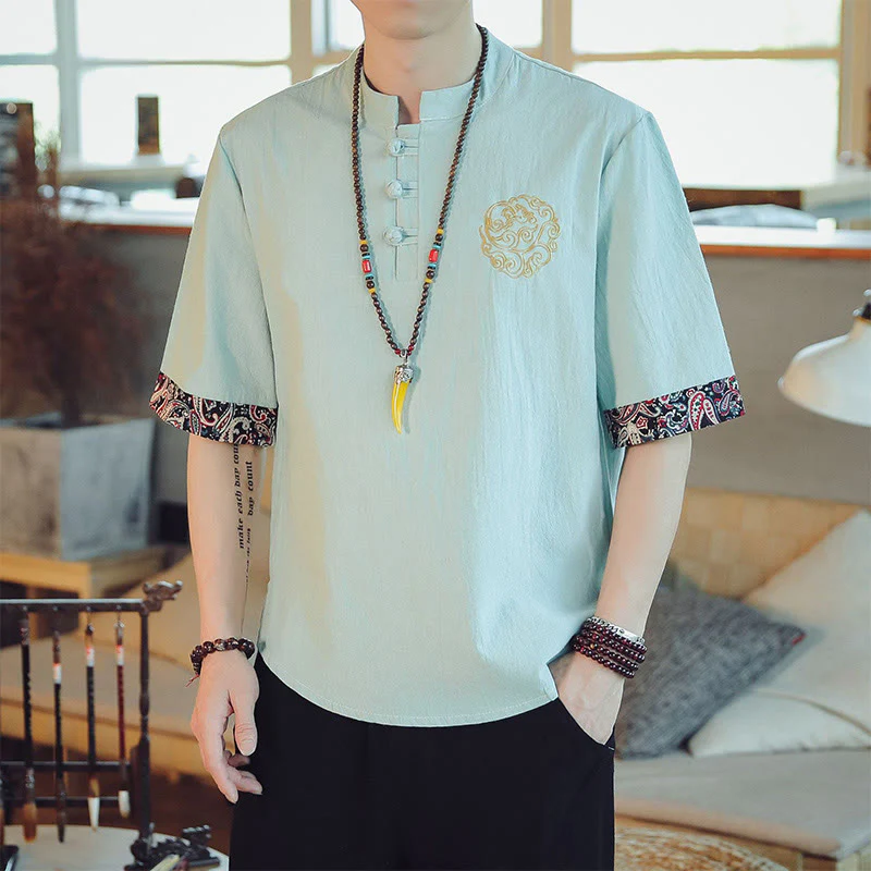 Buddha Stones Rana-Bottone Drago Ricamo Cinese Tang Suit Camicia Manica Corta Lino Abbigliamento Uomo - Image 12