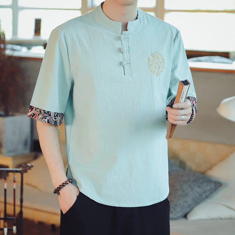 Buddha Stones Rana-Bottone Drago Ricamo Cinese Tang Suit Camicia Manica Corta Lino Abbigliamento Uomo - Image 13