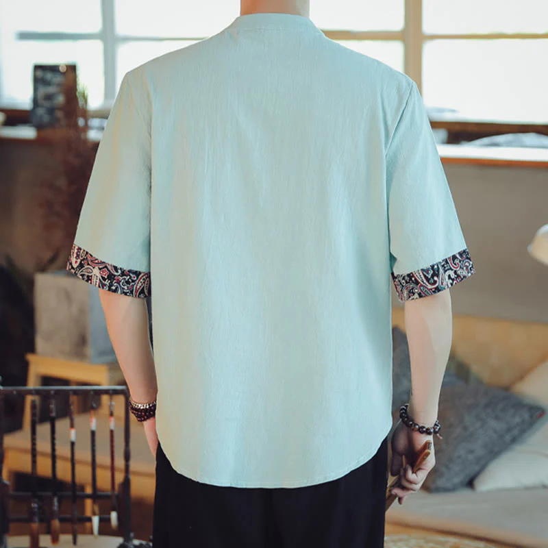 Buddha Stones Rana-Bottone Drago Ricamo Cinese Tang Suit Camicia Manica Corta Lino Abbigliamento Uomo - Image 14