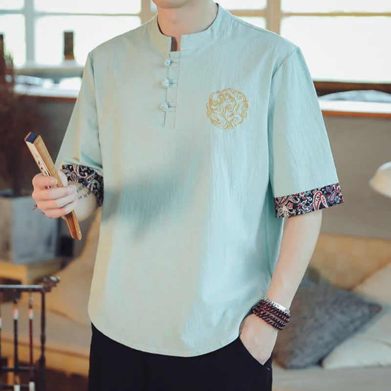 Buddha Stones Rana-Bottone Drago Ricamo Cinese Tang Suit Camicia Manica Corta Lino Abbigliamento Uomo - Image 16