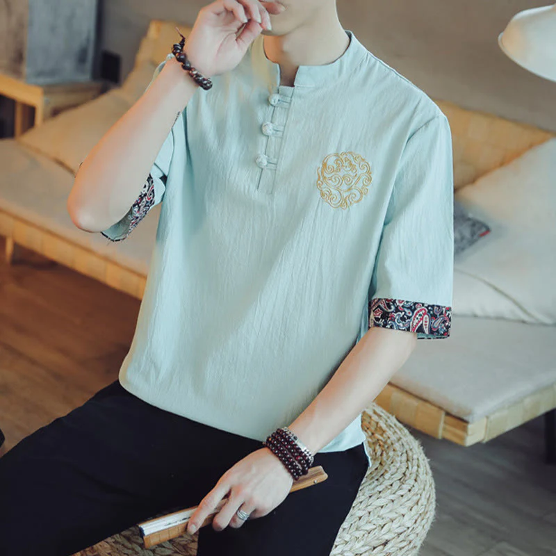 Buddha Stones Rana-Bottone Drago Ricamo Cinese Tang Suit Camicia Manica Corta Lino Abbigliamento Uomo - Image 17
