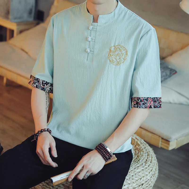 Buddha Stones Rana-Bottone Drago Ricamo Cinese Tang Suit Camicia Manica Corta Lino Abbigliamento Uomo - Image 18