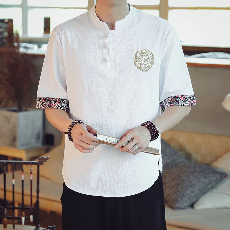 Buddha Stones Rana-Bottone Drago Ricamo Cinese Tang Suit Camicia Manica Corta Lino Abbigliamento Uomo - Image 19