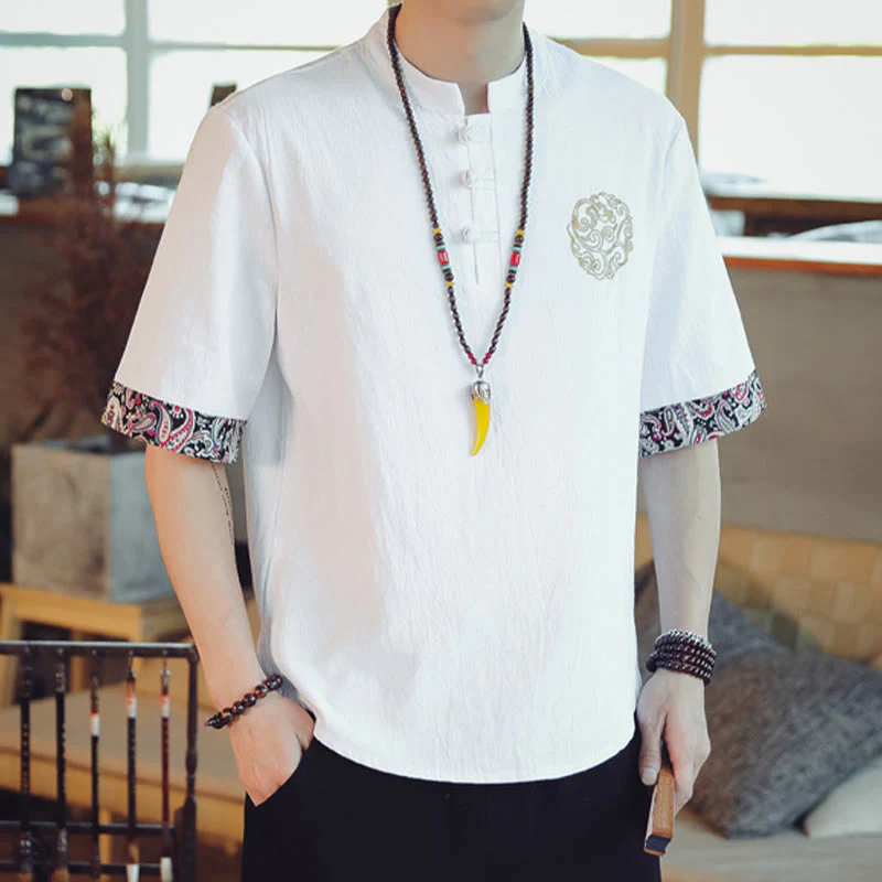 Buddha Stones Rana-Bottone Drago Ricamo Cinese Tang Suit Camicia Manica Corta Lino Abbigliamento Uomo - Image 20