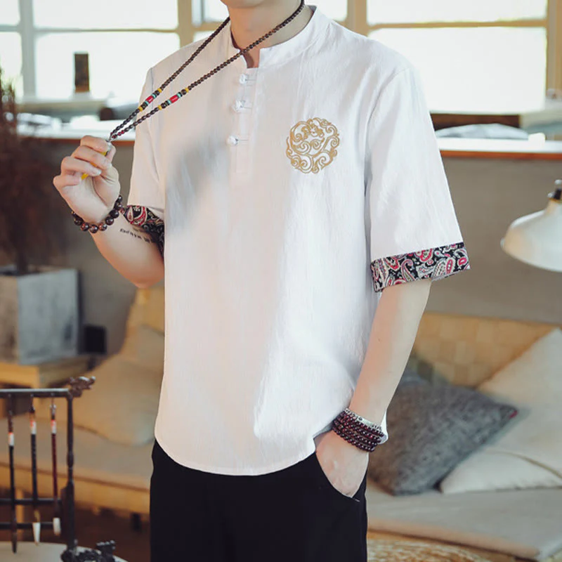 Buddha Stones Rana-Bottone Drago Ricamo Cinese Tang Suit Camicia Manica Corta Lino Abbigliamento Uomo - Image 22
