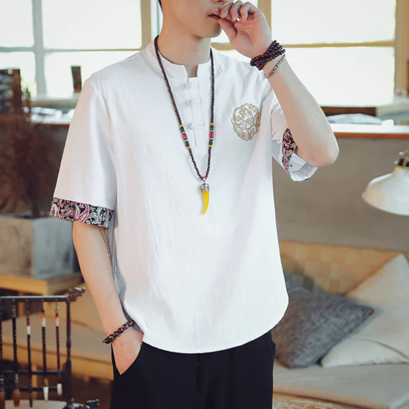 Buddha Stones Rana-Bottone Drago Ricamo Cinese Tang Suit Camicia Manica Corta Lino Abbigliamento Uomo - Image 23